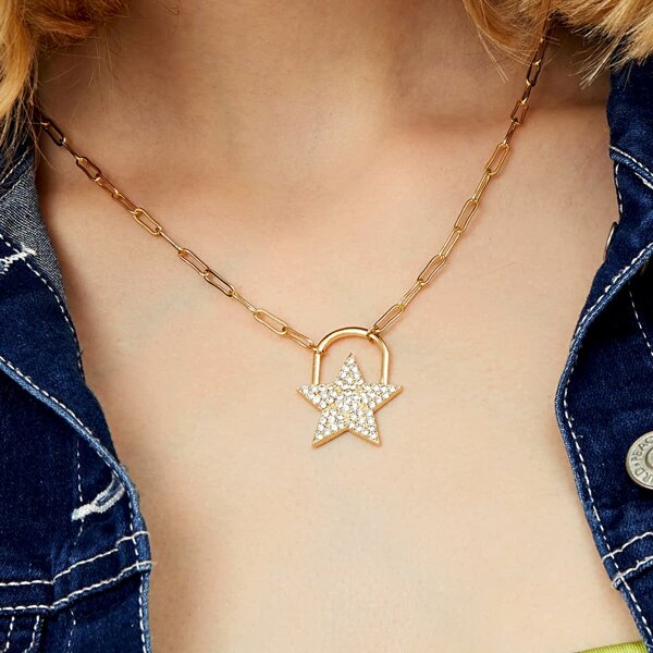 

1pc Rhinestone Engraved Star Charm Chain Necklace, Gold