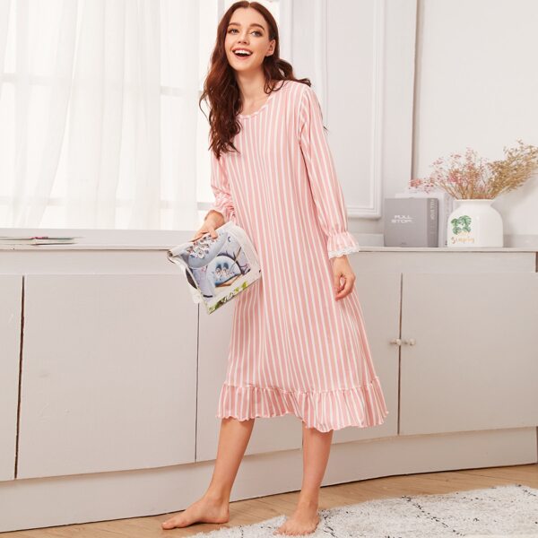 

Striped Ruffle Trim Night Dress, Pink