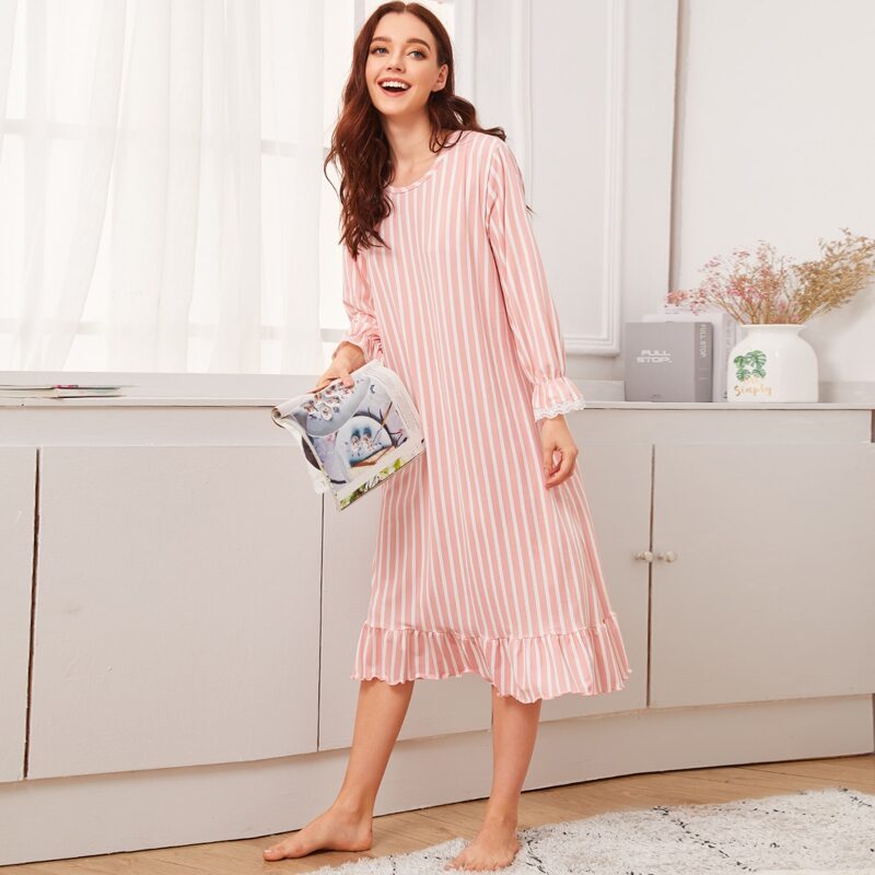 

Striped Ruffle Trim Night Dress, Pink