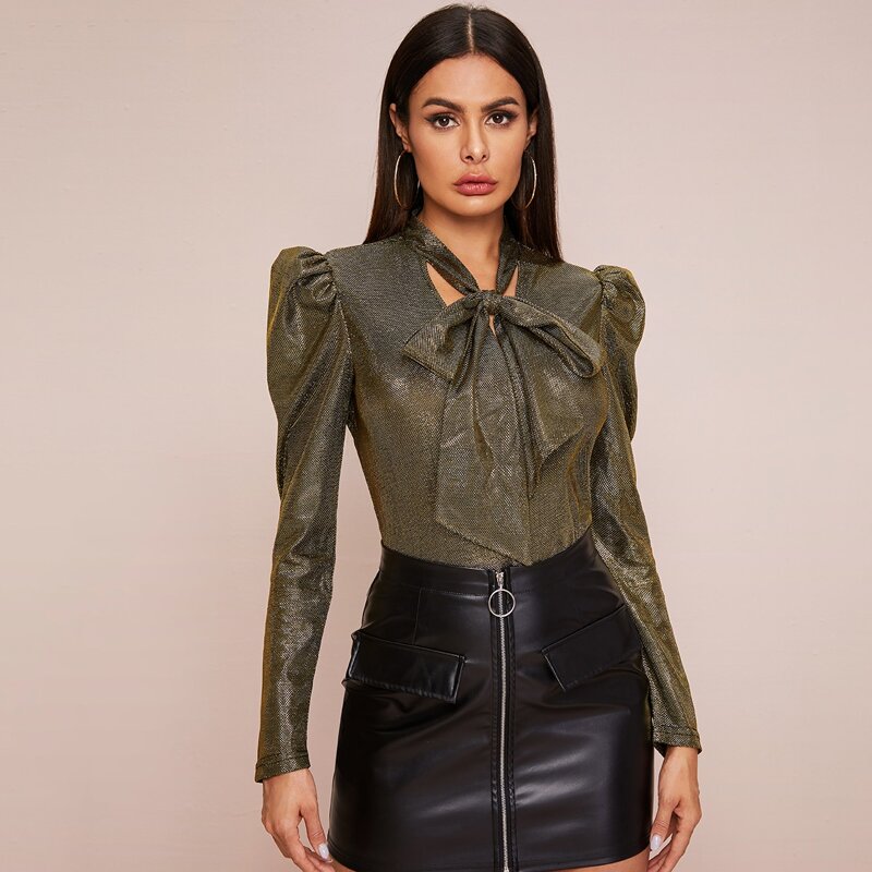 

Tie Neck Gigot Sleeve Glitter Top, Gold