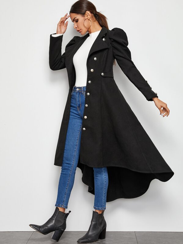 

Single Breasted Gigot Sleeve High Low Coat, Black, Andy