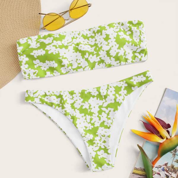 

Ditsy Floral Random Print Bandeau With High Cut Bikini, Multicolor