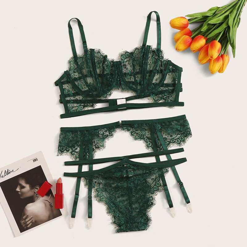 Floral Lace Underwire Lingerie Set & Garter, Dark green