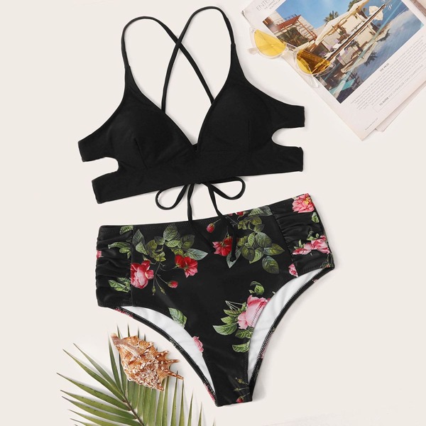 

Lace-up Back Top With Floral Random Print High Waist Bikini, Multicolor