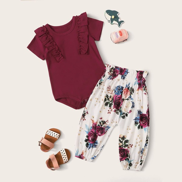 

Baby Girl Ruffle Trim Romper & Floral Print Pants, Multicolor