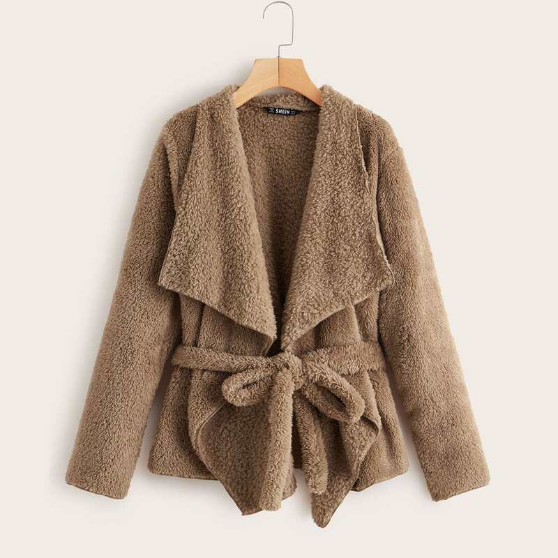 

Waterfall Collar Self Belted Teddy Coat, Brown