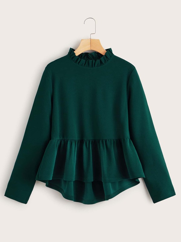 

Frilled Neckline High Low Ruffle Hem Smock Top, Green
