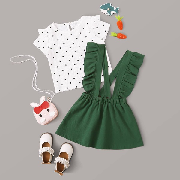 

Toddler Girls Polka Dot Blouse With Ruffle Pinafore Skirt, Multicolor