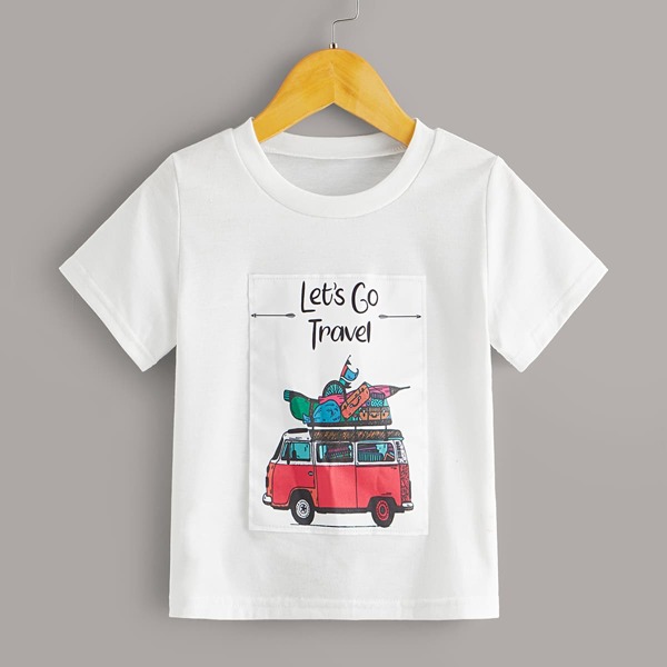

Toddler Boys Slogan And Car Patched Tee, White
