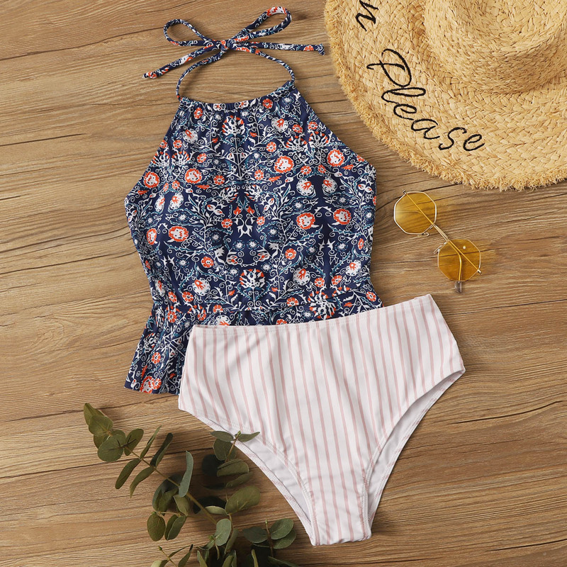 

Floral Print Halter Top With Striped High Waist Tankini, Multicolor
