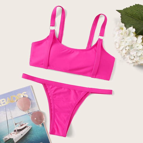 

Ring Linked Top With Thong Bikini Set, Pink bright