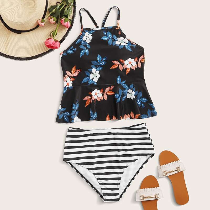 

Floral Print Striped High Waisted Bikini Swimsuit, Multicolor
