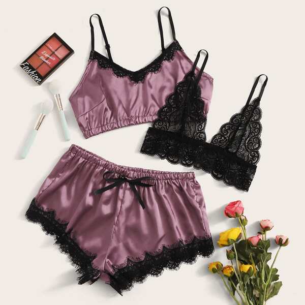 

3pack Contrast Lace Satin Lingerie Set, Mauve purple