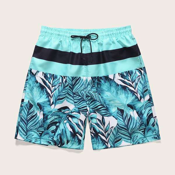 

Men Tropical Print Drawstring Waist Swim Trunks, Blue