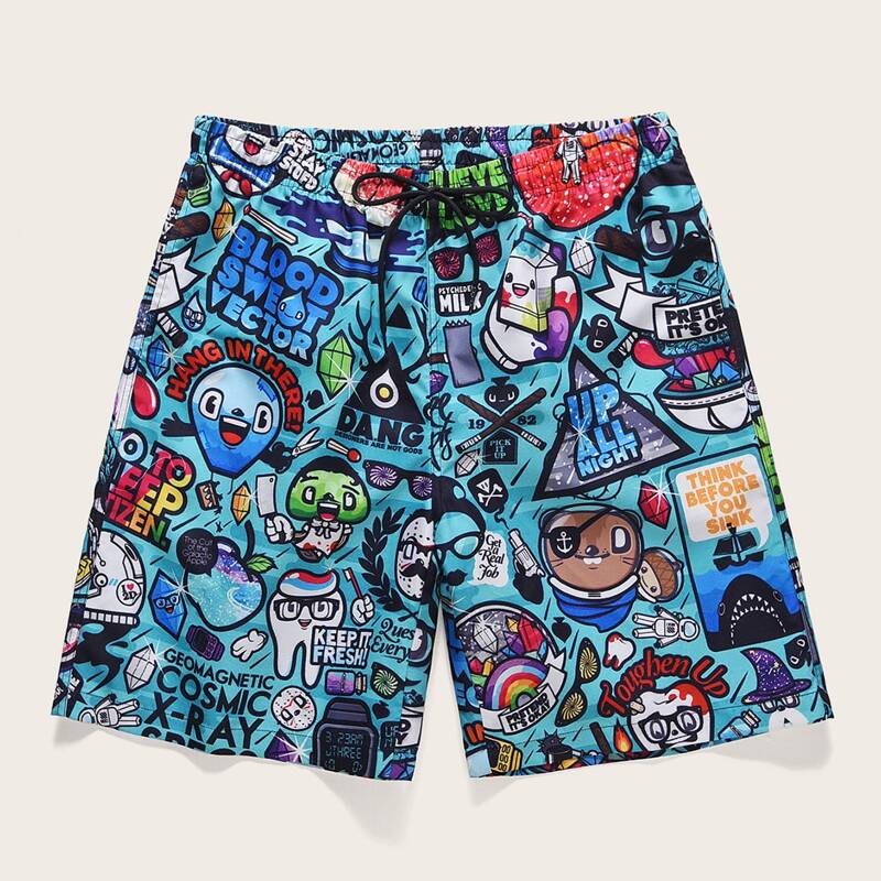 

Guys Cartoon & Letter Graphic Drawstring Waist Shorts, Multicolor