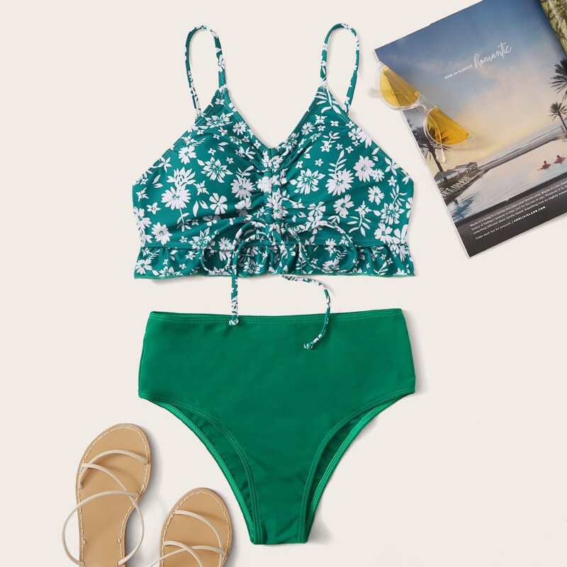 

Floral Print Drawstring Top With High Waist Bikini, Green