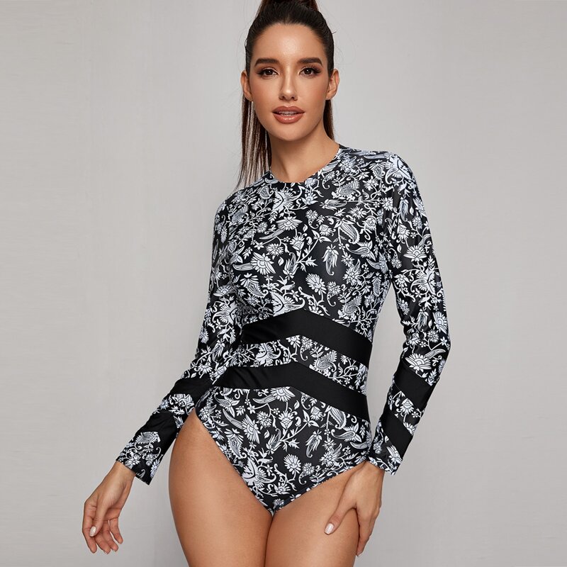 

Floral Print Long Sleeve One Piece Swimsuit, Multicolor