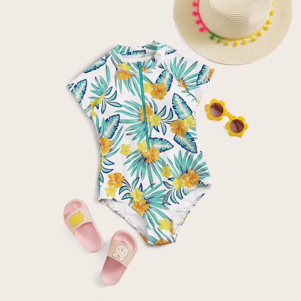 

Girls Tropical Zipper Front One Piece Swimwear, Multicolor