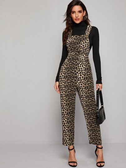 Leopard Print Button Detail Overall Jumpsuit