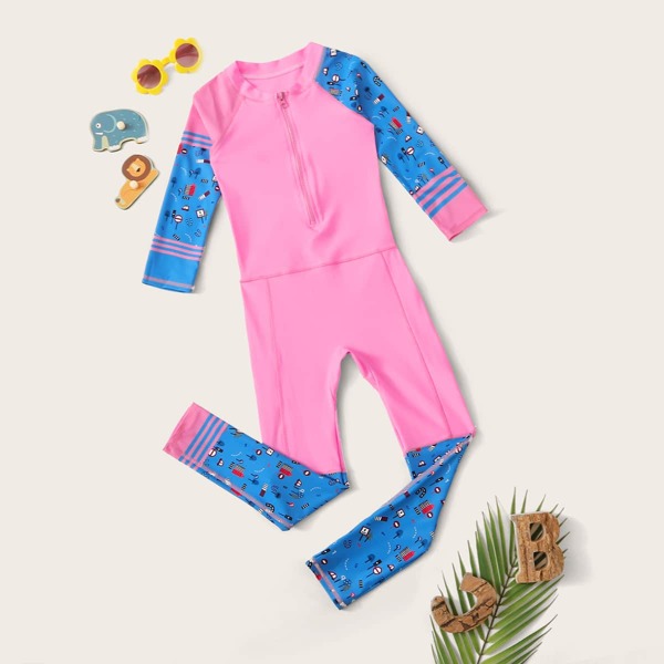 

Girls Cartoon Graphic Long Sleeve One Piece Swimwear, Pink