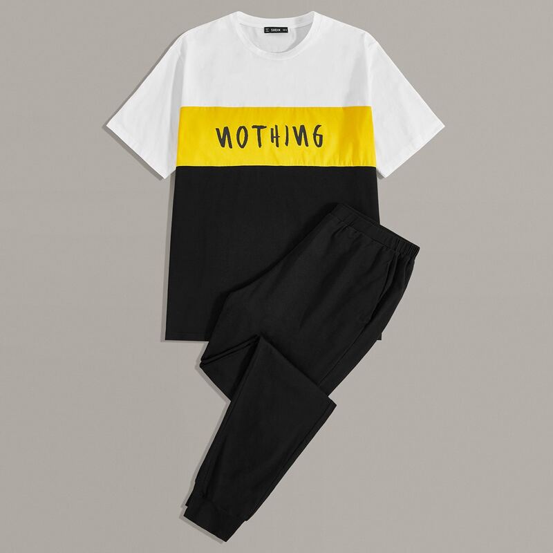 

Guys Color Block Letter Graphic Tee & Pants PJ Set, Black and white