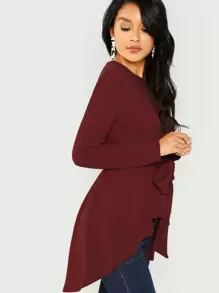 SHEIN Clasi Self Belted Asymmetrical Hem Top - Burgundy - View 3