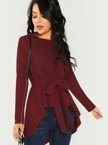 SHEIN Clasi Self Belted Asymmetrical Hem Top - Burgundy - View 4
