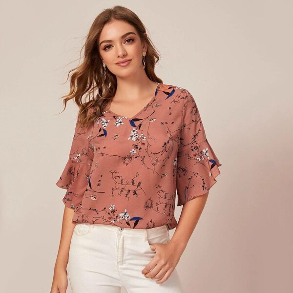 

Bell Sleeve Floral Print Top, Dusty pink