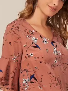 SHEIN LUNE 鐘形袖花卉圖案上衣 - 藕粉色 - 查看 3