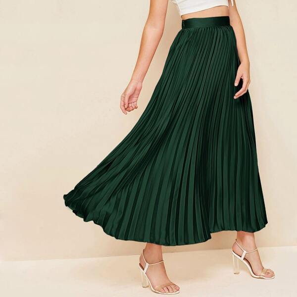 

Wide Band Waist Pleated Satin Maxi Skirt, Dark green