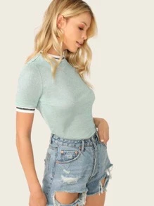 SHEIN Essnce Glitter From Fitting Ringer Tee - Baby Blue - View 3