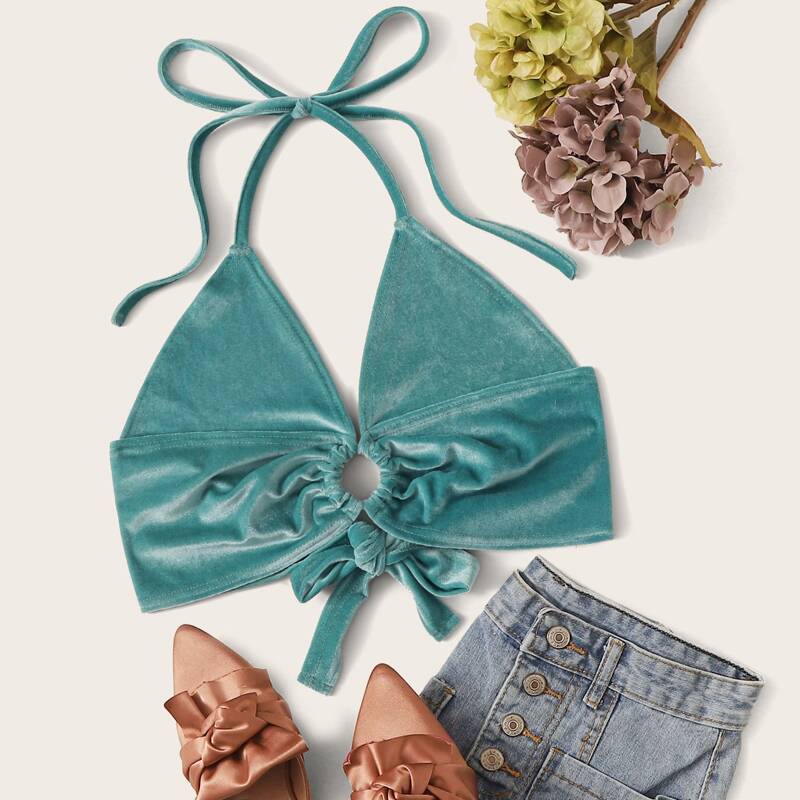 

Tie Back Velvet Halter Top, Blue