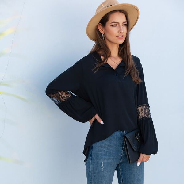 

Contrast Lace Half Placket Blouse, Black