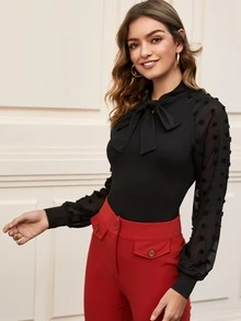 Top de cuello con cordón con malla en contraste - Negro - Ver 4
