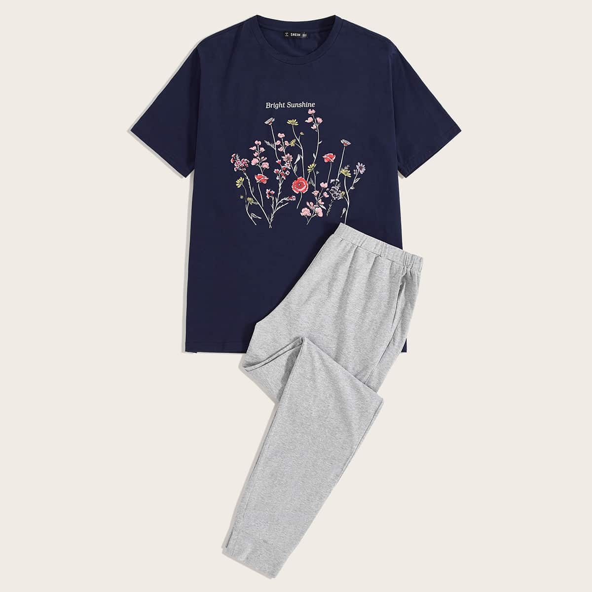 

Guys Floral & Slogan Graphic Top & Pants PJ Set, Multicolor