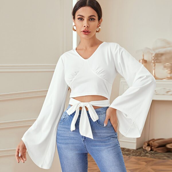

Tie Front Bell Sleeve Blouse, White