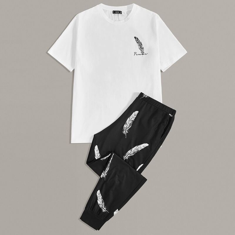 

Guys Letter Graphic Top & Feather Print Pants PJ Set, Black and white