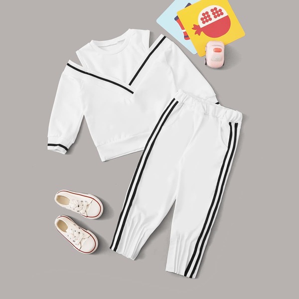 

Toddler Girls Open Shoulder Sweatshirt With Side Stripe Joggers, White