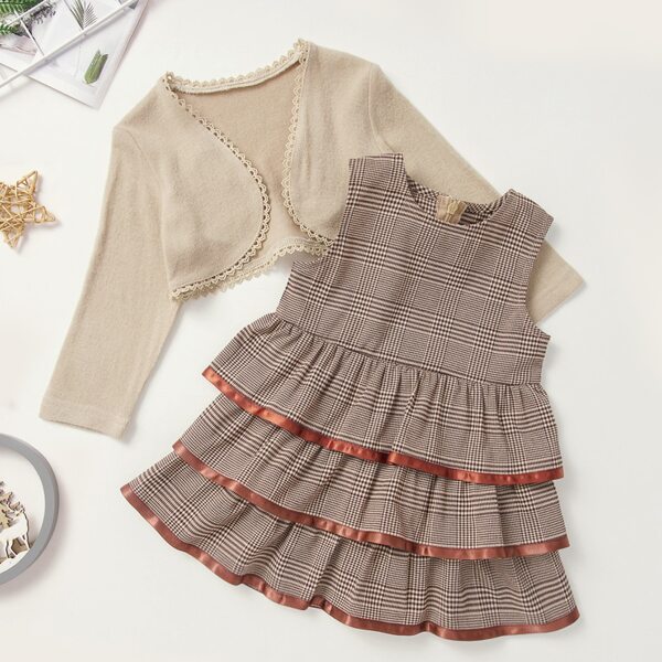 

Toddler Girls Lace Insert Top With Plaid Layered Dress, Multicolor