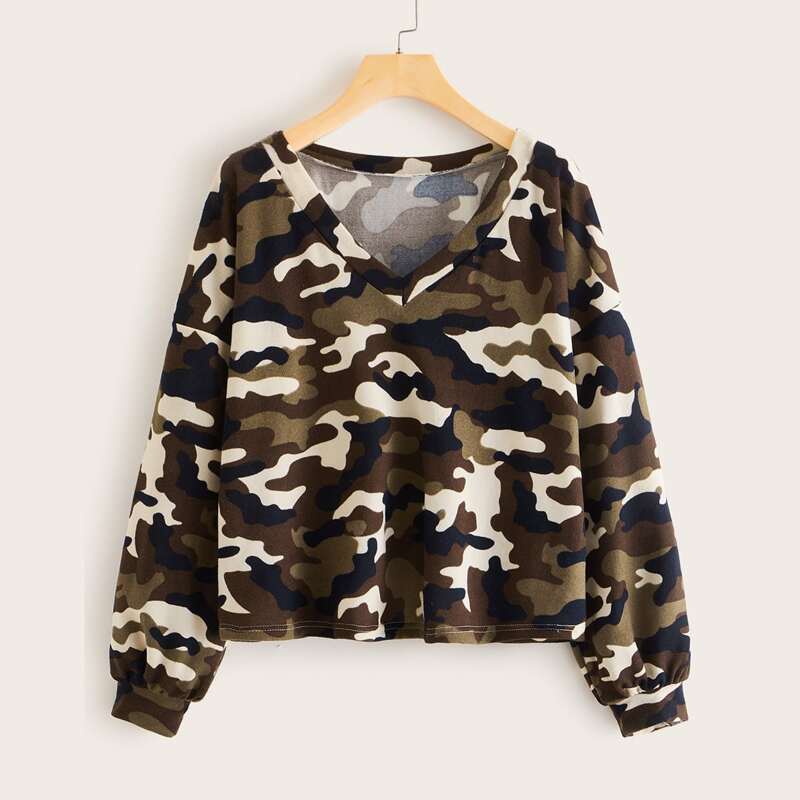 

Camo Print Round Neck Sweatshirt, Multicolor