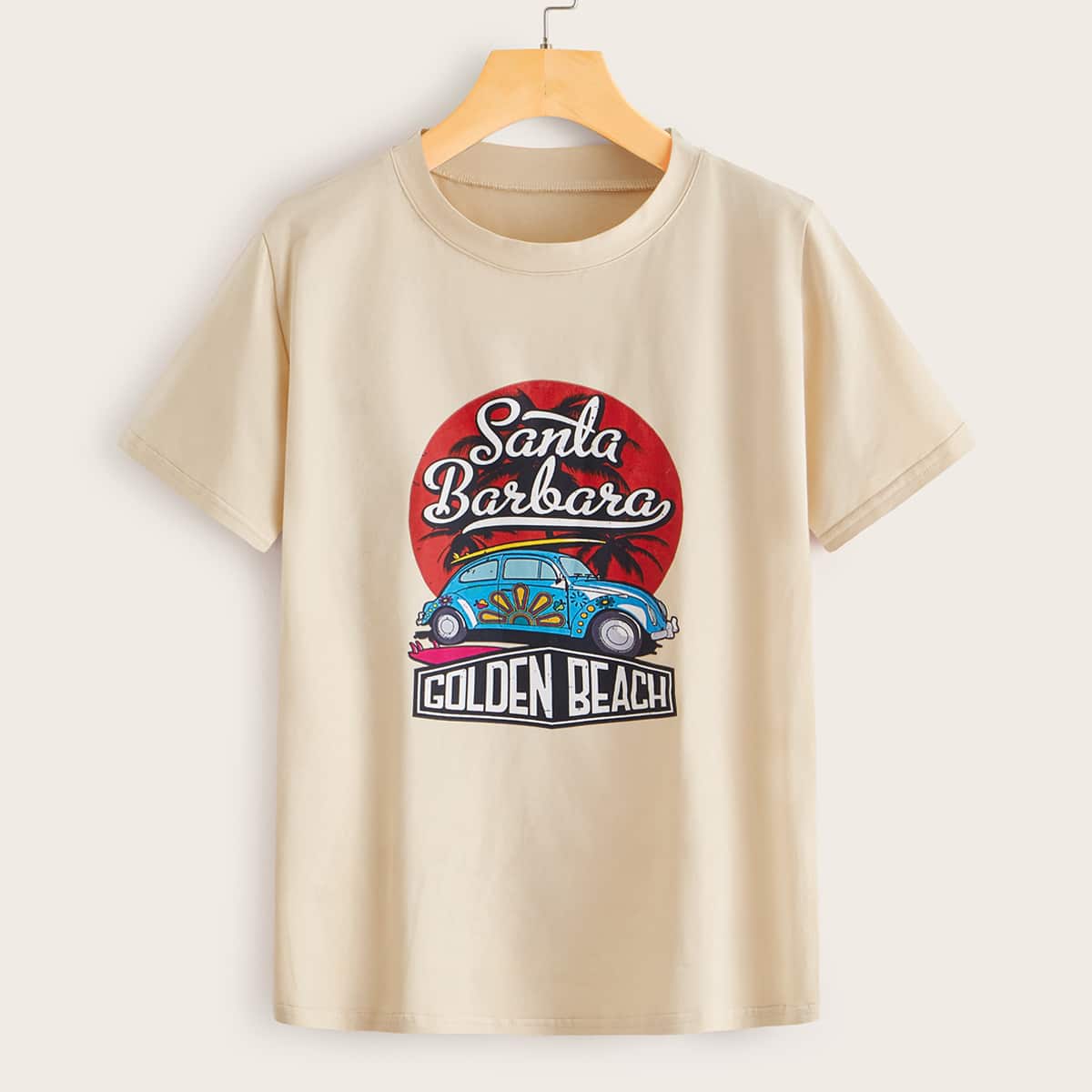 

Car & Letter Graphic Short Sleeve Tee, Beige