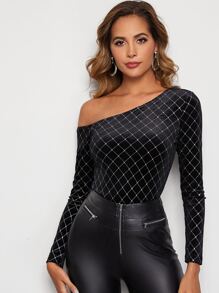 SHEIN Asymmetrical Neck Glitter Plaid Velvet Top - Black - View 1