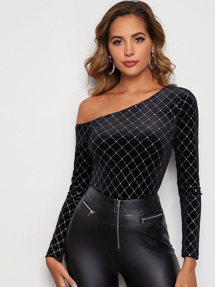 SHEIN Asymmetrical Neck Glitter Plaid Velvet Top - Black - View 1