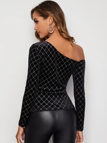 SHEIN Asymmetrical Neck Glitter Plaid Velvet Top - Black - View 2