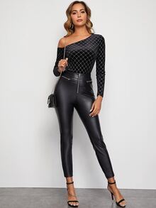 SHEIN Asymmetrical Neck Glitter Plaid Velvet Top - Black - View 3