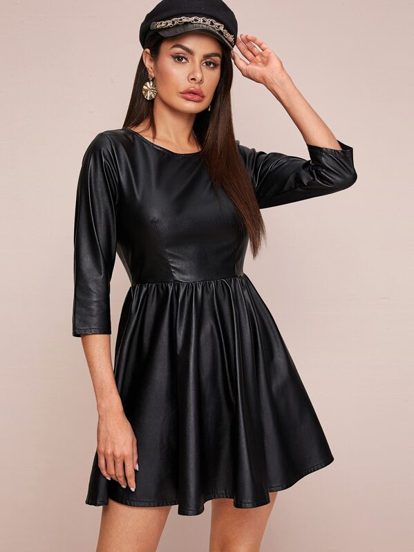 

Fit and Flare PU Leather Dress, Black, Andy