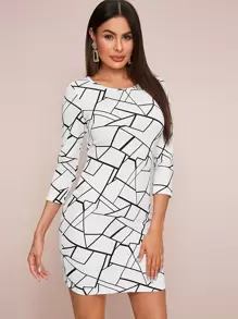 SHEIN Geo Print Bodycon Dress - White - View 3