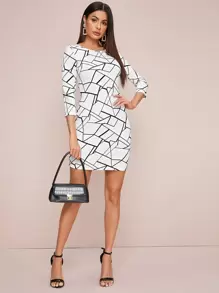 SHEIN Geo Print Bodycon Dress - White - View 1