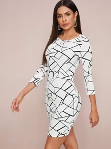 SHEIN Geo Print Bodycon Dress - White - View 5