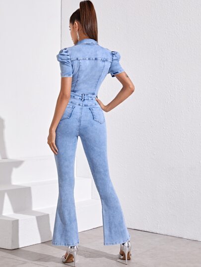Mono denim de pierna amplia con lavado ligero de manga farol